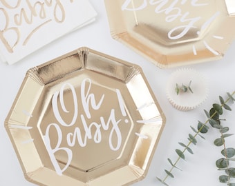 Gold and white baby shower - Oh Baby gold and white paper plates - Gold foiled plates - Baby shower decor - Baby shower tableware -Pack of 8