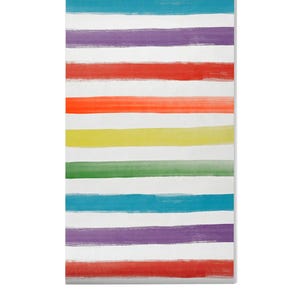 Peut inclure: Œuvre d'art rectangulaire avec des rayures horizontales dans un arc-en-ciel de couleurs : turquoise, violet, rouge, orange, jaune, vert, bleu et rouge. Les rayures sont peintes avec des coups de pinceau visibles sur fond blanc.