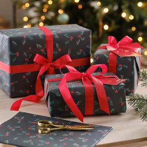 Christmas Holly Wrapping Paper with Gift Tags and Ribbon - Pack of 2, Christmas gift wrapping ribbon