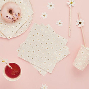Tovaglioli di carta con motivo floreale a margherita (confezione da 16), bicchieri per feste floreali per bambine, stoviglie con motivo a margherita, piatti con motivo a margherita rosa, stoviglie per feste con motivo a margherita, stoviglie rosa