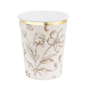 Beige & Gold Floral Paper Cups x 6, beige floral party cups, garden party tableware,beige baby shower supplies