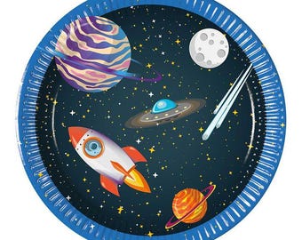 Pratos pequenos para festa com tema espacial (8 unidades), artigos para festa de aniversário com tema espacial.