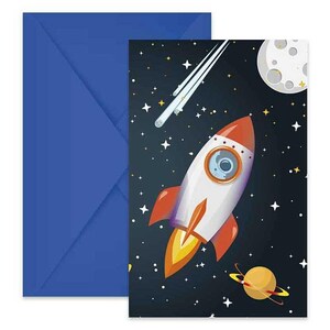 Rocket Space-feestuitnodigingen (6 stuks), Space-feestuitnodigingen, Space-feestartikelen