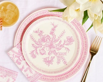 French Pink Toile Small Party Plates x 10, pink and White Tableware, Coterie Party Wedding table setting, tablescape plates