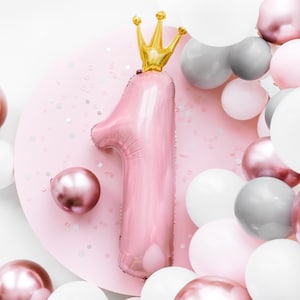 1st Birthday Pink Number '1' Balloon with Crown 36in, Light Pink Girls First Birthday Balloon, 1st Birthday Balloon, Foil '1'