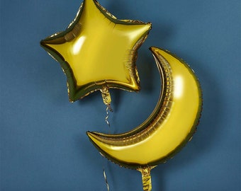 Gold Moon 28" & Star 24" Foil Balloons, Eid Balloons, Eid Mubarak Moon and Star decorations, Eid Gold decorations, Eid balloon