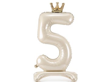 Standing 5th Birthday Balloon, Beige Number 5 Foil Balloon - Light Cream, Teddy Bear theme birthday party supplies