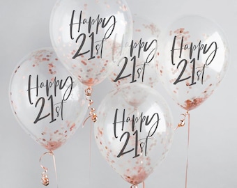 Happy 21st Birthday Confetti balloons 5 pack, 21st Birthday party balloons, 21st balloons, confetti balloons, rose gold balloons, 21 party