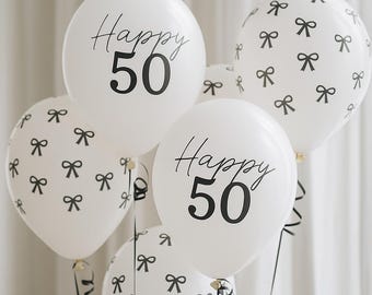 Black Bow Happy 50 Latexballons x 6, 50er Geburtstagspartyzubehör mit Schleifenmotiv, monochrome Partydekoration