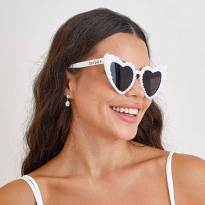 Pearl Embellished Heart Shaped 'Bride' Sunglasses, Bride to be white hen party accessories, Bride cute sunglasses