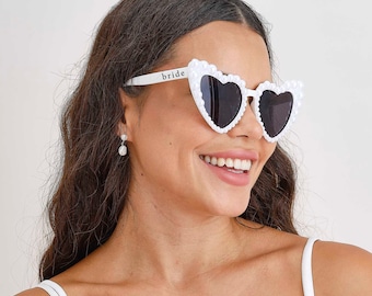 Pearl Embellished Heart Shaped 'Bride' Sunglasses, Bride to be white hen party accessories, Bride cute sunglasses