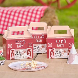 5 loncheras personalizables para fiestas de granja, caja de fiesta personalizada, vajilla de cumpleaños con temática de animales de granja