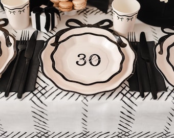 Cream & Black Hello 30 Paper Plates x 6, Bow themed 30th birthday party supplies, monochrome party