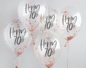 Happy 70th Birthday Balloons, 5 x Rose Gold 'Happy 70th' Confetti Balloons, 70th Birthday Decorations, 70th Balloons, 70th Party Supplies