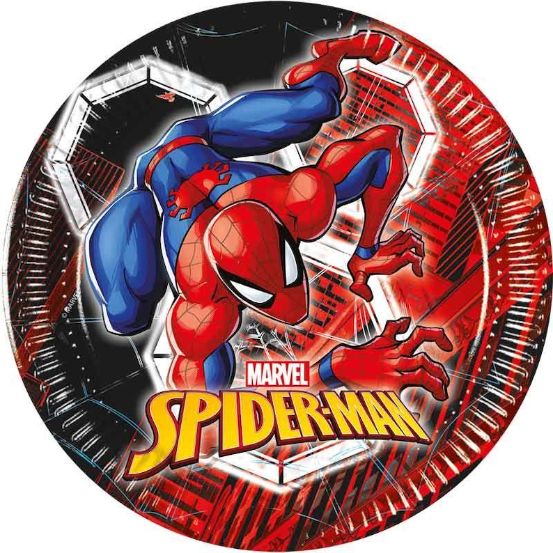 Puede incluir: Plato de papel redondo con Spider-Man en una pose din&aacute;mica. El plato tiene una combinaci&oacute;n de colores rojo, negro y blanco con el logotipo de Marvel Spider-Man. El dise&ntilde;o incluye patrones geom&eacute;tricos.