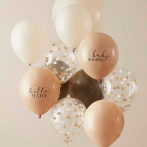 Neutral Baby Shower Balloon Bundle, Teddy Bear Theme Baby Shower Balloons, Brown Beige Balloons, Hello Baby balloons, we can nearly wait