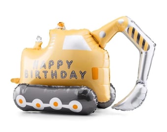 Balão metalizado amarelo em formato de escavadeira para aniversário, balões para festa de construção, balão de escavadeira, decoração de aniversário com tema de construção.