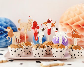Dog Party Cupcake Toppers x 7, Dog theme birthday party cake decorations. Puppy party supplies