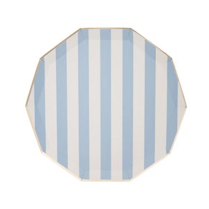 May include: Blue and white striped paper plates with a gold rim. The plates are octagonal shaped.