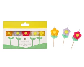 Wielokolorowe świeczki urodzinowe Daisy – zestaw 5 sztuk, kwiatowe przyjęcie dla dziewcząt, świeczki na tort Daisy, kolorowe dekoracje na przyjęcie Daisy, świeczki na tort wielkanocny