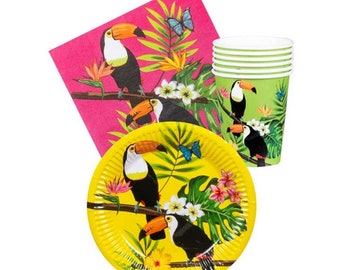 Tropical Party Tableware set for 6, Tiki Party Tableware, Hawaii party party plates cups napkins, Luau party Lei, Kids birthday party decor