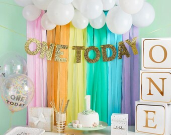 Decoraties voor een eerste verjaardag, Gouden verjaardagsbanner 'One Today', Slinger 'One Today', Decoraties voor een eerste verjaardag, Slingers voor een eerste verjaardagsfeest