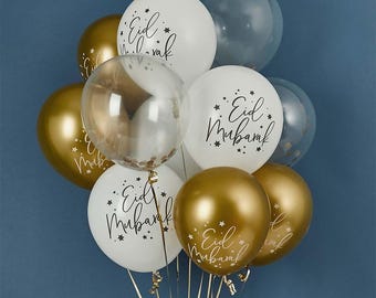 Eid Balloon Bundle 12 Pack, 'Eid Mubarak', Gold White Confetti Balloons, Eid Decor, Balloon Decoration, Eid Celebrations,  Happy Eid