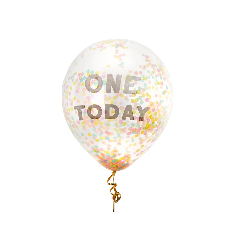Pu&ograve; includere: Un palloncino trasparente con coriandoli all'interno e la scritta "ONE TODAY" stampata su di esso. I coriandoli sono rosa, gialli e blu.