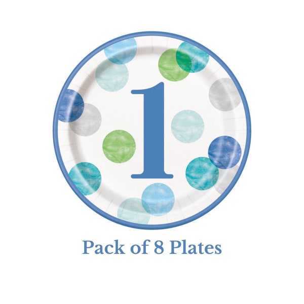 Blue Dots 1st Birthday Large Party Plates (pack of 8), Boys 1st Birthday Party Tableware set of plates