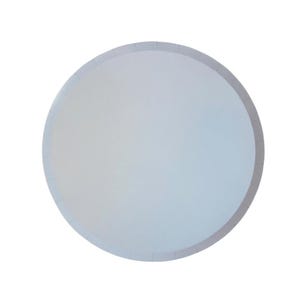 May include: A round, light blue paper plate with a slightly textured surface. The plate has a subtle, folded edge design. The plate is set against a plain white background, highlighting its simple, clean aesthetic.