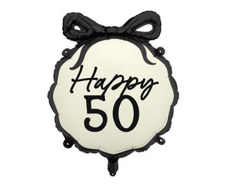 Happy 50 Black Bow Folienballon, schwarzweißes Partyzubehör zum 50