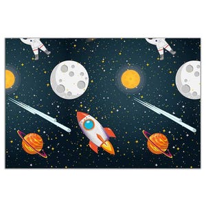 May include: A repeating pattern featuring a rocket ship, planets, astronauts, and shooting stars against a dark blue starry background. The rocket is white with red fins and a blue porthole. Planets include moons and rings.