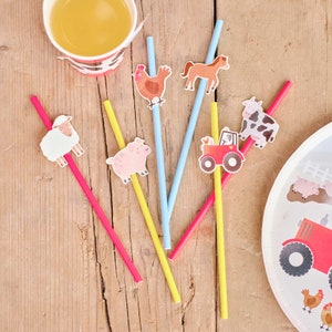 16 pailles en papier pour fête des animaux de la ferme, vaisselle de fête d'anniversaire sur le thème de la ferme, fête à la ferme pour garçons