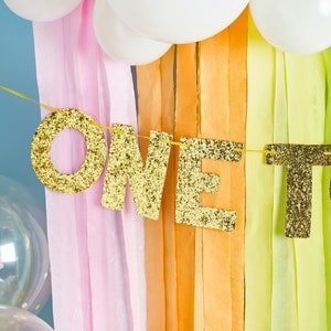 Pu&ograve; includere: Uno striscione di glitter dorati con la parola "ONE" in grandi lettere. Lo striscione &egrave; appeso su uno sfondo di nastri di carta velina rosa, arancio e giallo.