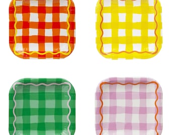 Kolorowe, kwadratowe talerzyki papierowe w kratkę gingham – zestaw 12 sztuk, kolorowe talerzyki na imprezę, akcesoria na imprezę w kratkę gingham, talerzyki na przyjęcie urodzinowe