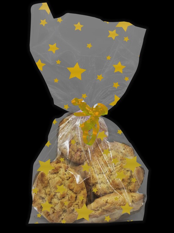 Gold Star Cellophane Bags - 20 Pack, Food Safe Clear Treat Bags For Cookies & Candy (13x28cm)