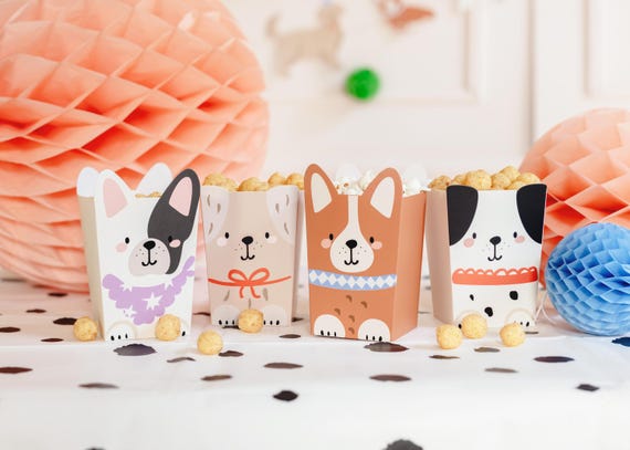 Puppy Party Popcorn Boxes x 6, Dog theme birthday party tableware set of boxes. kids puppy party box
