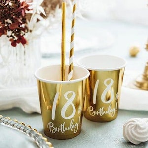 18th Birthday Party Gold Paper Cups x 6, gold 18th birthday party supplies, 18th party cups, 18th party tableware