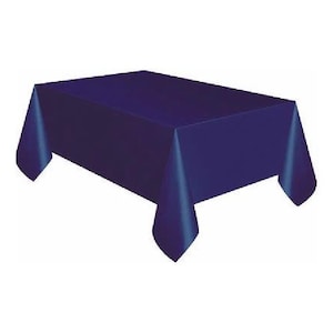 May include: A dark blue plastic tablecloth. The tablecloth is rectangular and has a smooth, flat surface.