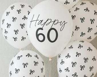 Black Bow Happy 60 Latex Balloons x 6, 60th birthday balloons, black and cream bow party decorations, 6 Pack Elegant Latex Birthday Decor