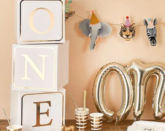 SelfTek 1st Birthday Decorations For Boys, 3 Pcs Balloon Boxes With ONE Letters, Number 1 Balloon And 24 Pcs Blue White Balloons For One Year Old Birthday Party