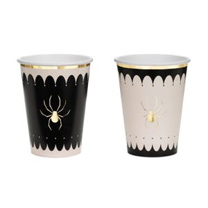 Beige & Black Spider Paper Cups x 6, Halloween party cups, halloween Beetlejuice party tableware