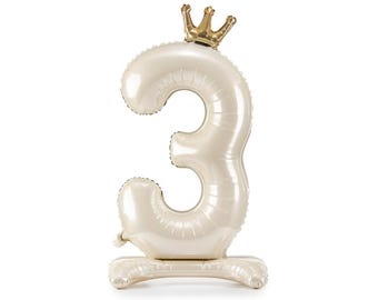 Standing 3rd Birthday Balloon, Beige Number 3 Foil Balloon - Light Cream, Teddy Bear theme birthday party supplies