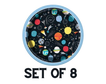 Pratos para Festa Espacial - Pequenos x 8, Conjunto de pratos para festa de aniversário com tema espacial.