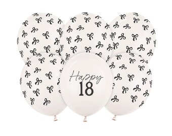 Black Bow Happy 18 Latex Balloons x 6, Bow themed 18th birthday party supplies, monochrome party decorations