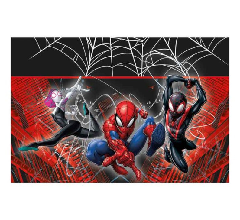 May include: A vibrant illustration features three Spider-Man characters against a red and black background with spiderwebs. The central figure is the classic red and blue Spider-Man, flanked by Spider-Gwen and Miles Morales.
