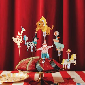 Circusfeest cupcake toppers x 6, circus verjaardagstaarttoppers, benodigdheden circusthemafeest, circustaartversieringen