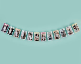 Ghirlanda di bandierine con foto per il primo compleanno del bambino, da neonato a 12 mesi, decorazioni per feste di compleanno, decorazioni mensili per le tappe fondamentali.