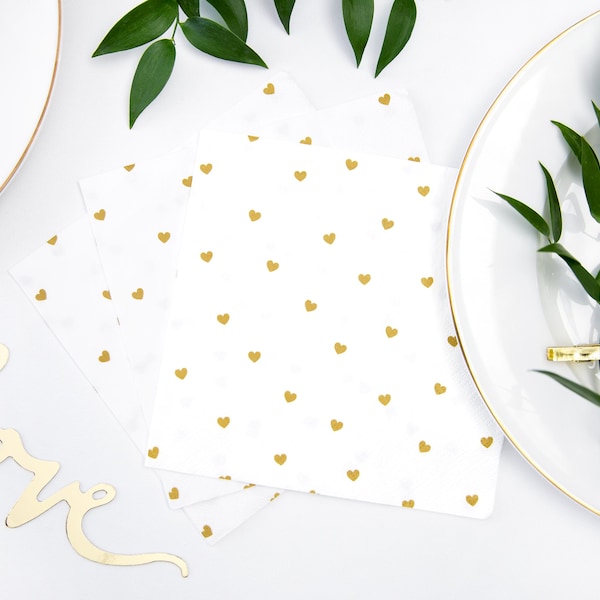 ゴールドハートペーパーナプキン20枚、ゴールドウェディングナプキン、ゴールドベビーシャワー、ゴールド記念日、婚約パーティー、ゴールドパーティーデコレーション食器