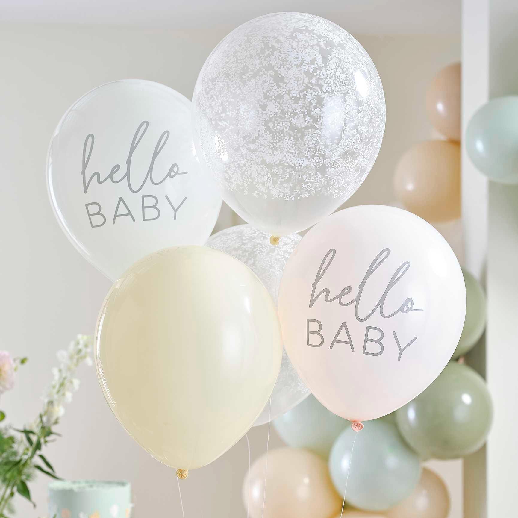Hello Baby Floral Baby Shower Balloons x 5, Baby shower supplies, baby shower decorations